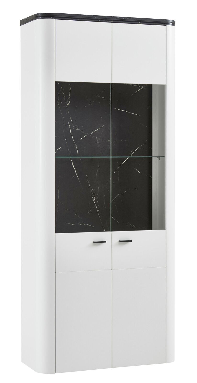 Zurbrüggen Vitrine met 2 deuren WAVE Zweiflügelige Vitrine in Weiß mit schwarzem Marmor-Effekt, Glasfront und schwarzem Griff, seitliche Perspektive.