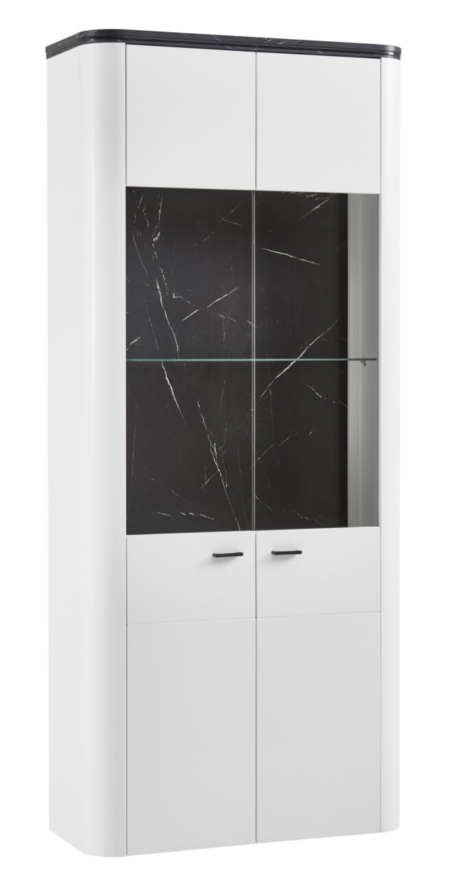 Zurbrüggen Vitrine 2-türig WAVE Zweiflügelige Vitrine in Weiß mit schwarzem Marmor-Effekt, Glasfront und schwarzem Griff, seitliche Perspektive.