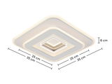 Moderne quadratische LED-Deckenleuchte mit mehreren Schichten, seitliche Perspektive, Maße 35x35x6 cm.