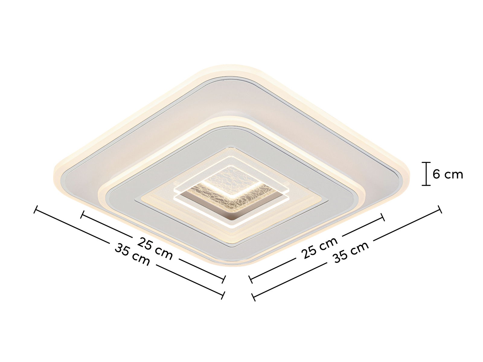 Moderne quadratische LED-Deckenleuchte mit mehreren Schichten, seitliche Perspektive, Maße 35x35x6 cm.