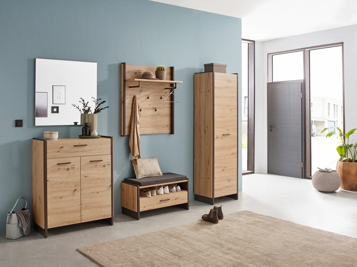 Hom´in Kommode FLASH Moderne Garderobeneinrichtung mit Kommode, Sitzbank und Schrank in Holzoptik, seitliche Perspektive