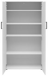 Weißer Mehrzweckschrank mit offenen Türen und vier Einlegeböden, Frontalansicht