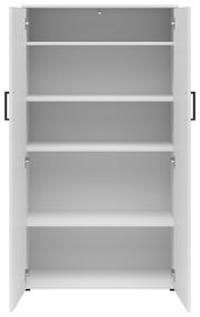 Weißer Mehrzweckschrank mit offenen Türen und vier Einlegeböden, Frontalansicht