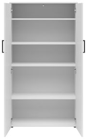 Weißer Mehrzweckschrank mit offenen Türen und vier Einlegeböden, Frontalansicht