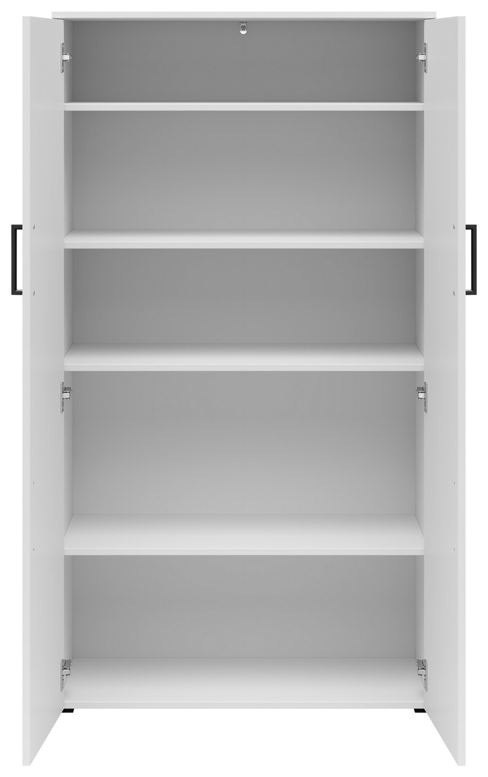 Weißer Mehrzweckschrank mit offenen Türen und vier Einlegeböden, Frontalansicht