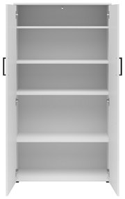 Weißer Mehrzweckschrank mit offenen Türen und vier Einlegeböden, Frontalansicht