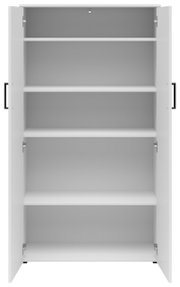 Weißer Mehrzweckschrank mit offenen Türen und vier Einlegeböden, Frontalansicht