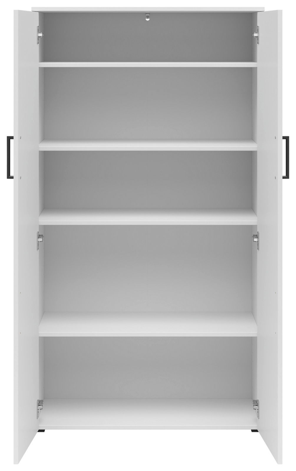 Weißer Mehrzweckschrank mit offenen Türen und vier Einlegeböden, Frontalansicht