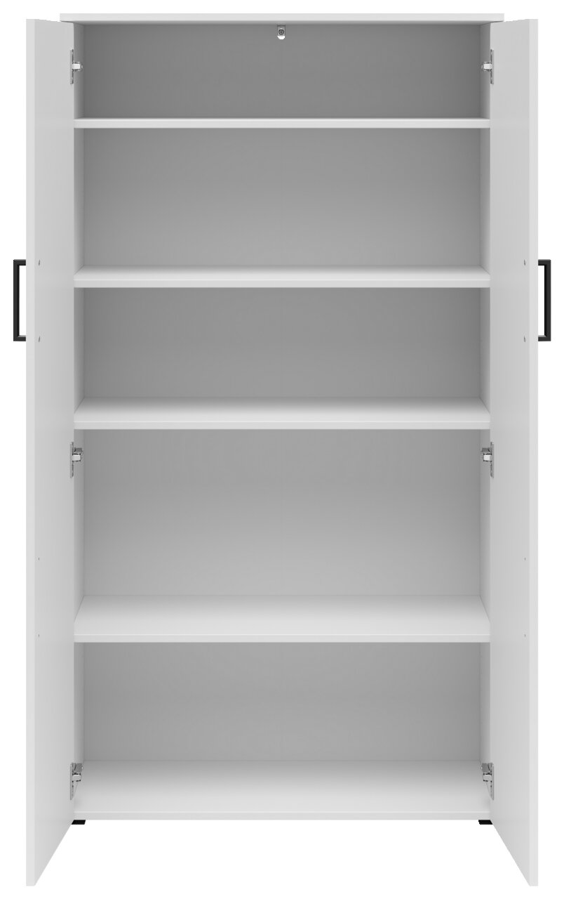 Weißer Mehrzweckschrank mit offenen Türen und vier Einlegeböden, Frontalansicht
