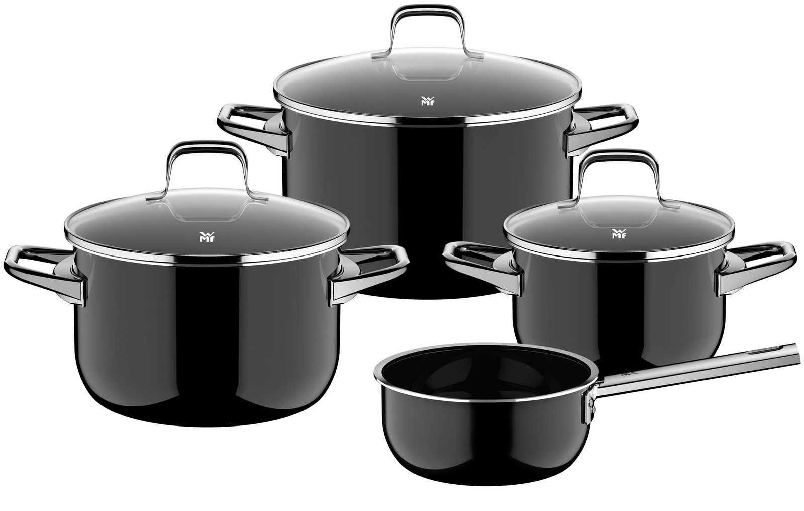 Vier-teiliges Topfset in Schwarz mit glänzenden Griffen und Deckeln, aus seitlicher Perspektive fotografiert.