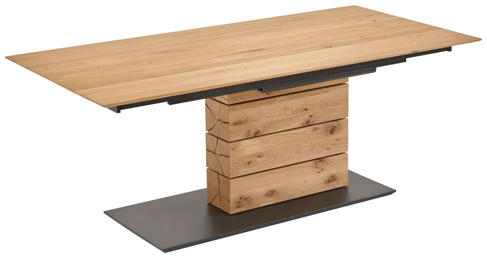 Moderner Esstisch aus Holz mit rechteckiger Tischplatte und massiver Mittelsäule, seitliche Perspektive