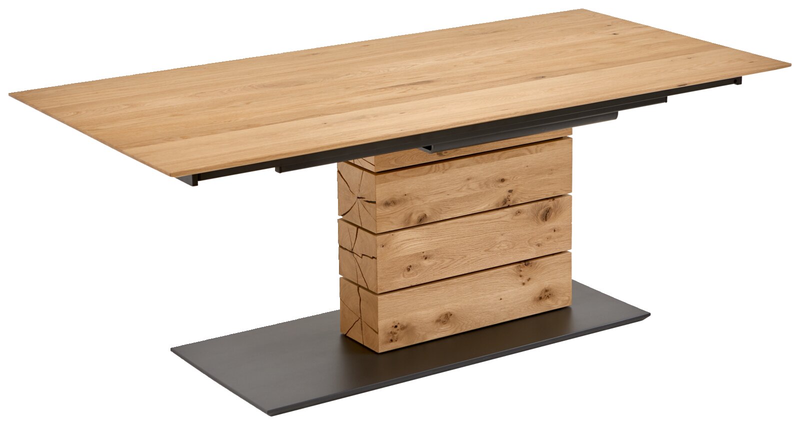 Moderner Esstisch aus Holz mit rechteckiger Tischplatte und massiver Mittelsäule, seitliche Perspektive