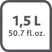 Grafik mit der Aufschrift 1,5 L und 50,7 fl. oz. in einer quadratischen Umrandung, Vorderansicht.