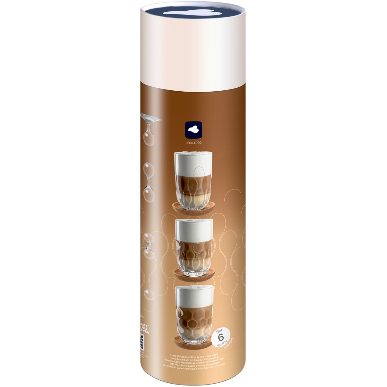 Verpackung eines Latte Macchiato-Sets mit drei Gläsern und Untersetzern, seitliche Perspektive