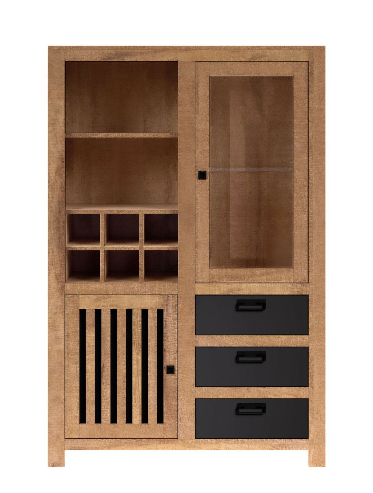 Frontansicht eines Highboards aus Holz mit Glastür, offenen Fächern und Schubladen.