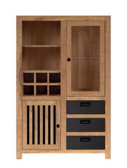 Frontansicht eines Highboards aus Holz mit Glastür, offenen Fächern und Schubladen.