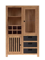 Frontansicht eines Highboards aus Holz mit Glastür, offenen Fächern und Schubladen.