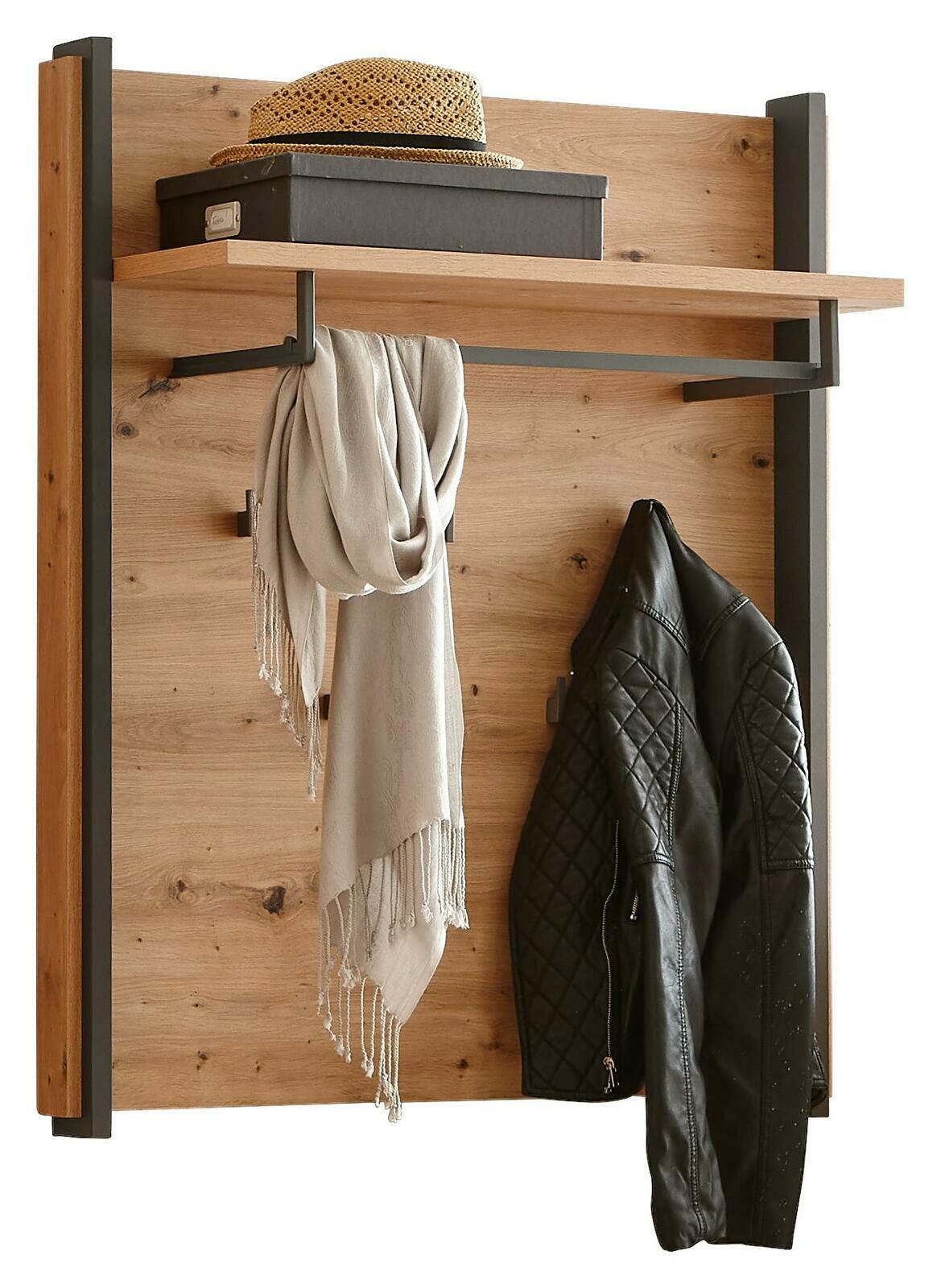 Voleo Paneel FLASH Wandgarderobe aus Holz mit schwarzem Metallrahmen, Hut, Box, Schal und Jacke, frontale Ansicht