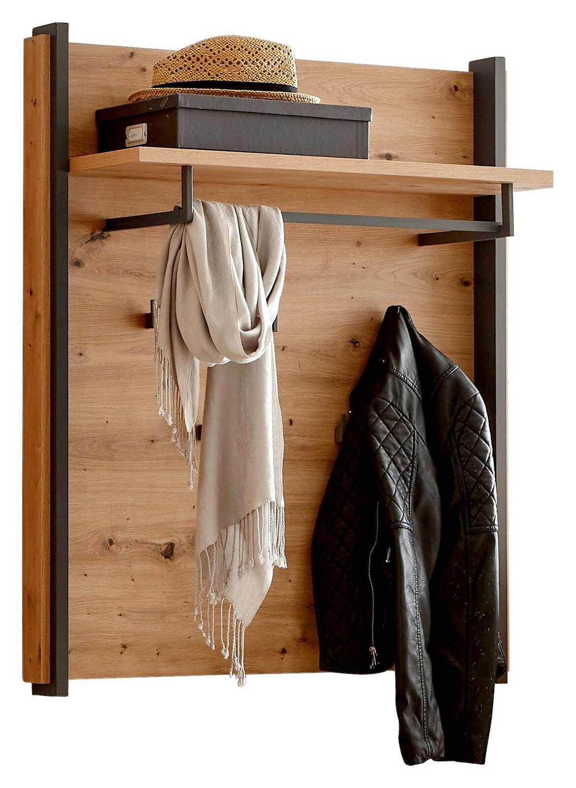 Voleo Paneel FLASH Wandgarderobe aus Holz mit schwarzem Metallrahmen, Hut, Box, Schal und Jacke, frontale Ansicht
