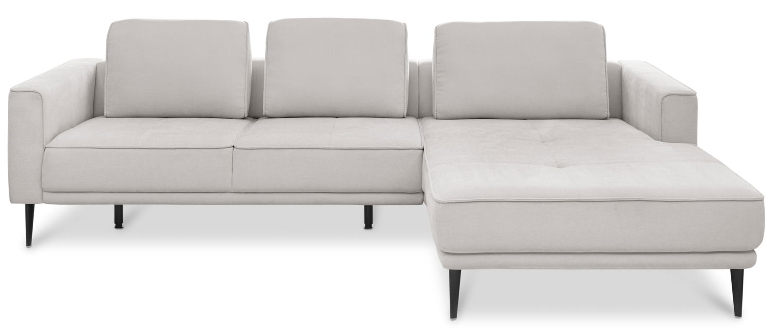 Helles, modernes Ecksofa mit drei Sitzplätzen und einer Chaiselongue, frontal betrachtet.