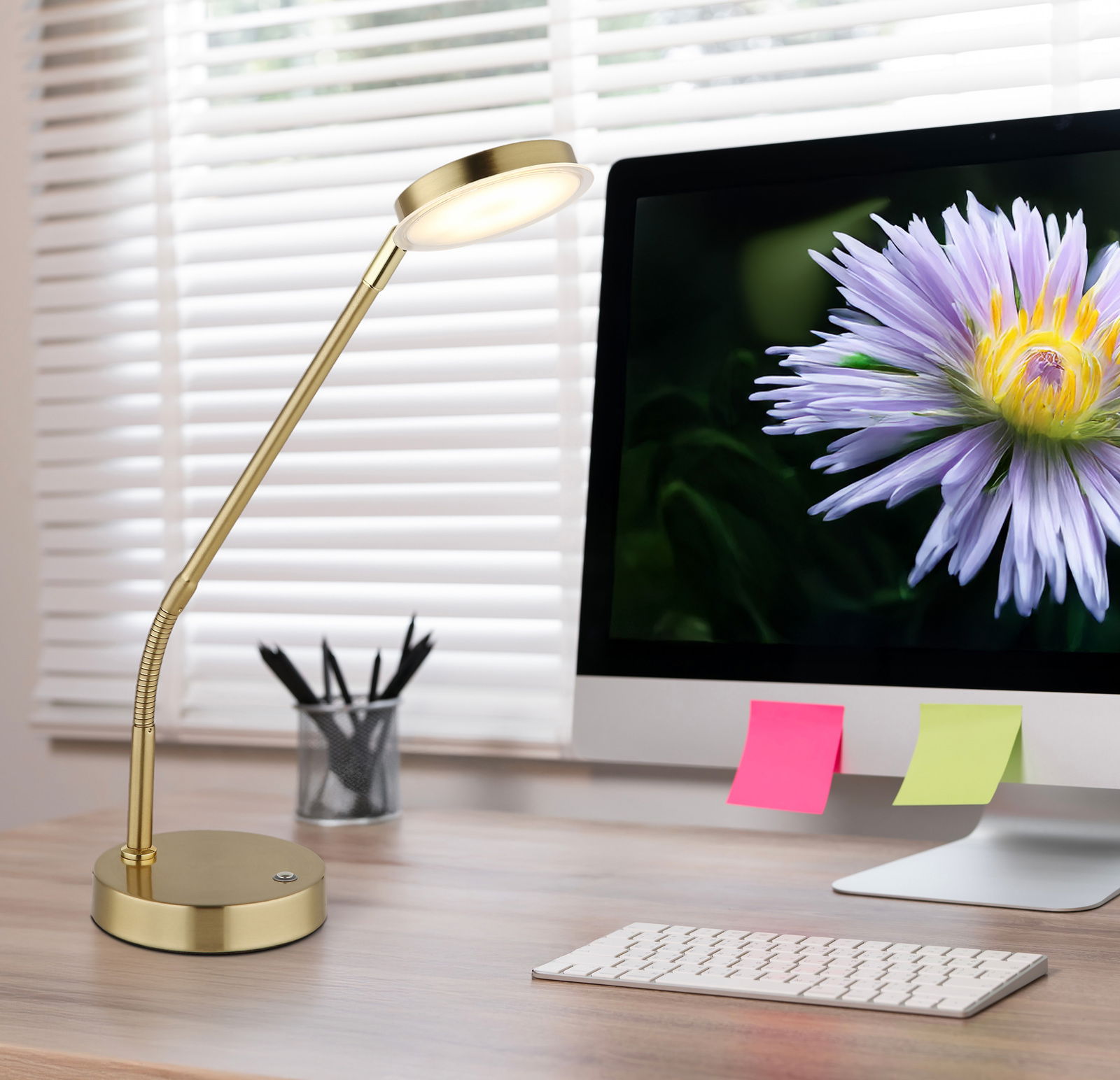 Globo Lighting LED-tafellamp SILVIO Elegante LED-Tischleuchte in Gold auf einem Schreibtisch, seitliche Perspektive, neben einem Computerbildschirm mit einer Blume.