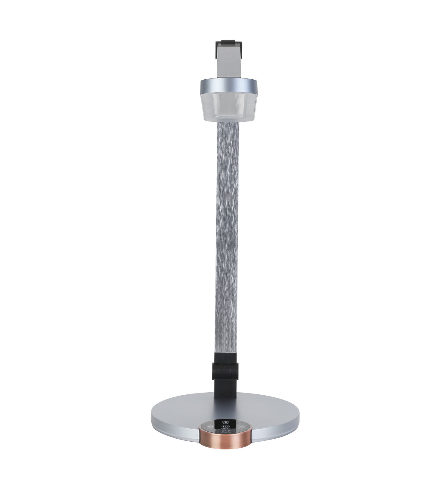 LED-Schreibtischleuchte in moderner, minimalistischer Ausführung, frontal abgebildet. Die Leuchte hat einen runden Sockel und einen schlanken, verstellbaren Arm.