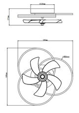 Technische Zeichnung eines Deckenventilators mit fünf Flügeln, Seiten- und Draufsicht.
