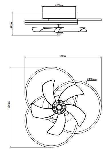 Technische Zeichnung eines Deckenventilators mit fünf Flügeln, Seiten- und Draufsicht.
