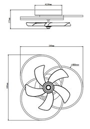 Technische Zeichnung eines Deckenventilators mit fünf Flügeln, Seiten- und Draufsicht.