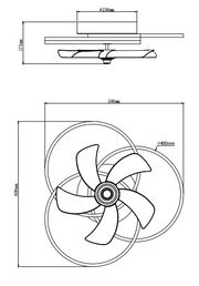 Technische Zeichnung eines Deckenventilators mit fünf Flügeln, Seiten- und Draufsicht.