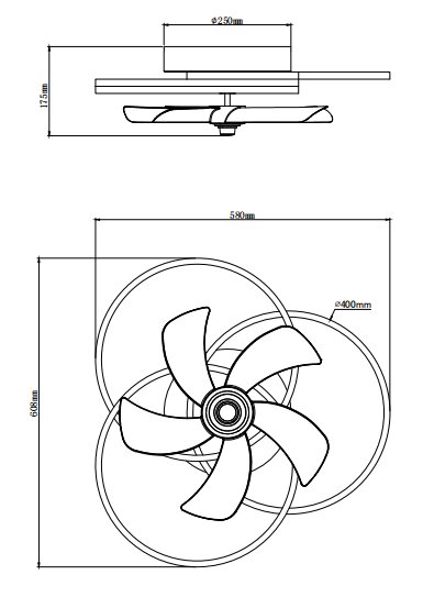 Technische tekening van een plafondventilator met vijf bladen, zijaanzicht en bovenaanzicht.