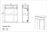 Technische Zeichnung einer Kommode mit den Maßen Breite: 71 cm, Höhe: 95 cm, Tiefe: 34 cm, perspektivische Ansicht von vorne und der Seite.