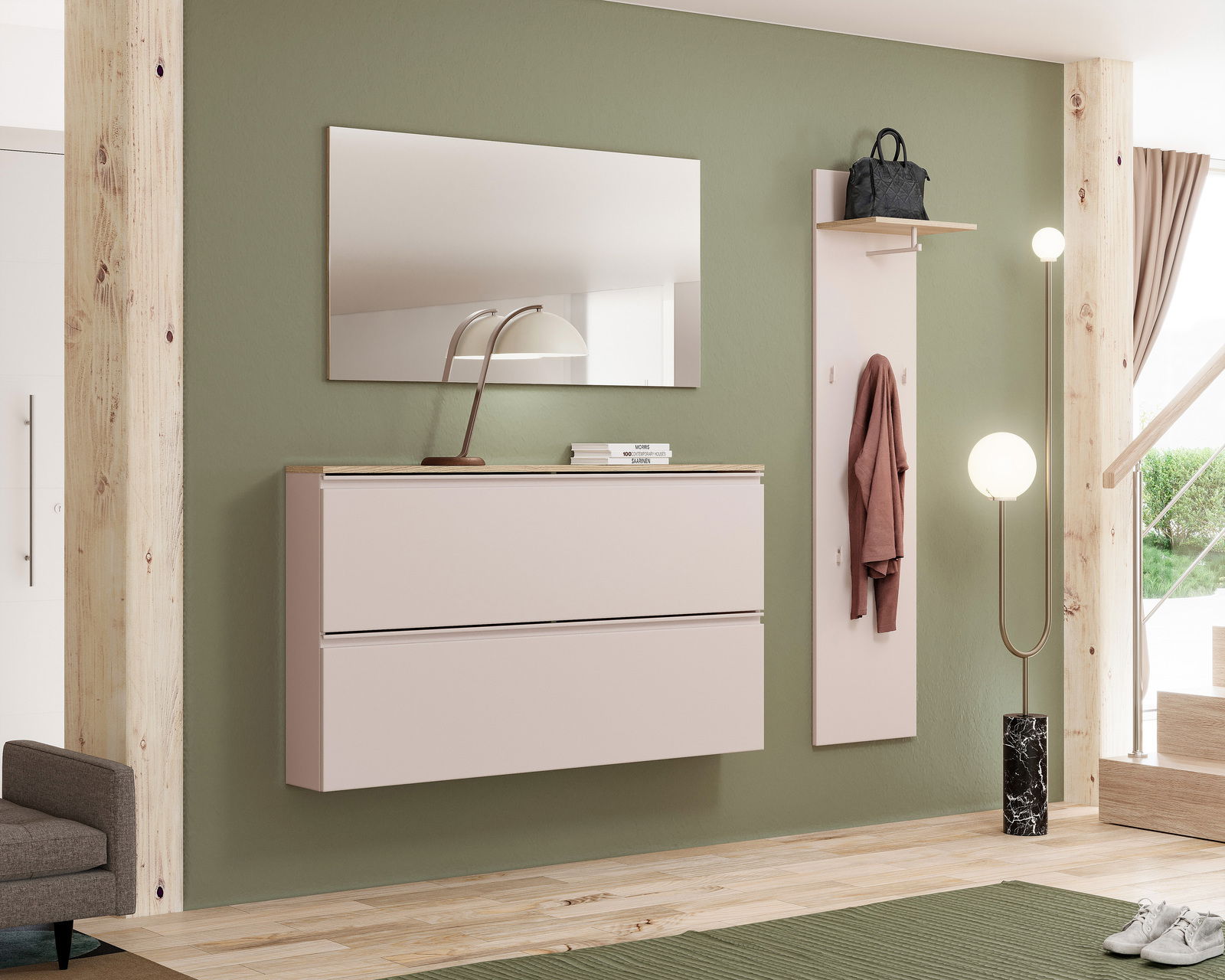 Moderner Hängeschuhschrank in einem stilvollen Flur, seitliche Perspektive