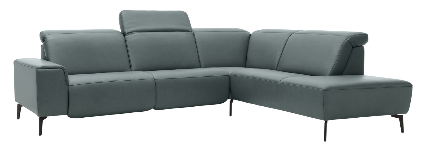 Ecksofa Musterring MR 1320 in grauem Leder, moderne L-Form mit verstellbarer Kopfstütze, Perspektive von vorne links
