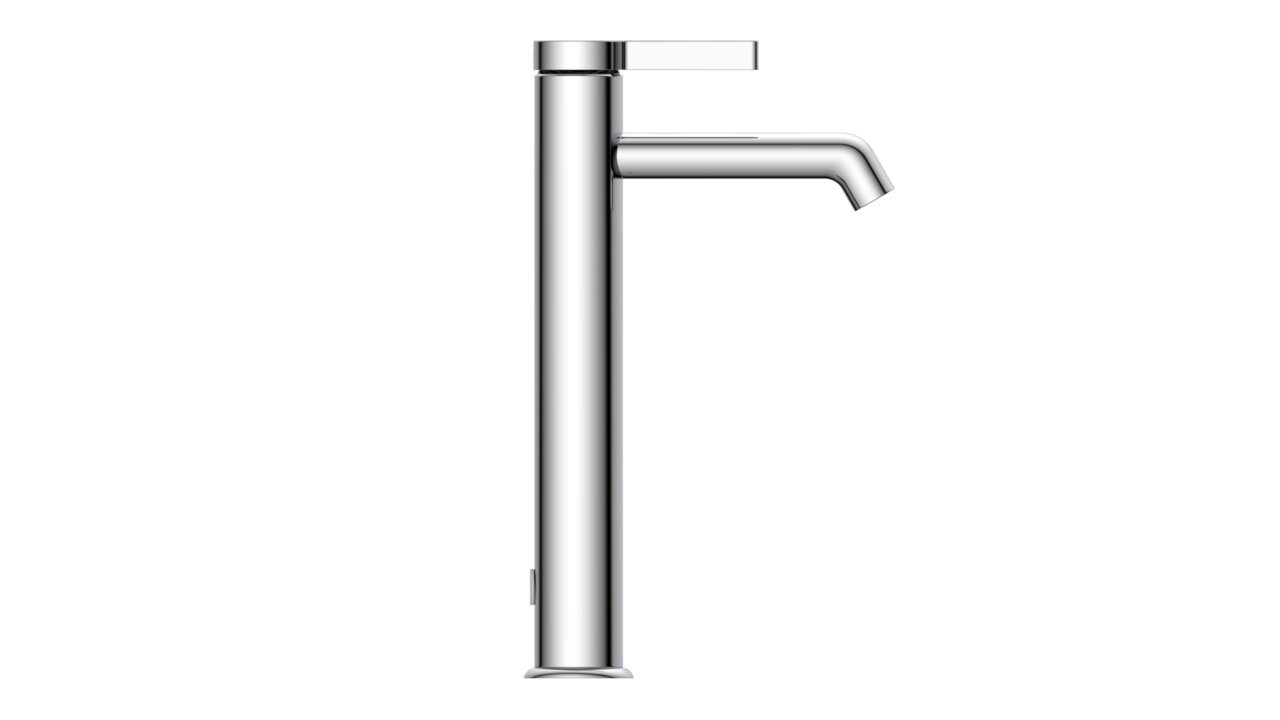 Moderne Waschtischarmatur in seitlicher Ansicht mit schlankem, zylindrischem Design und glänzender Chromoberfläche.