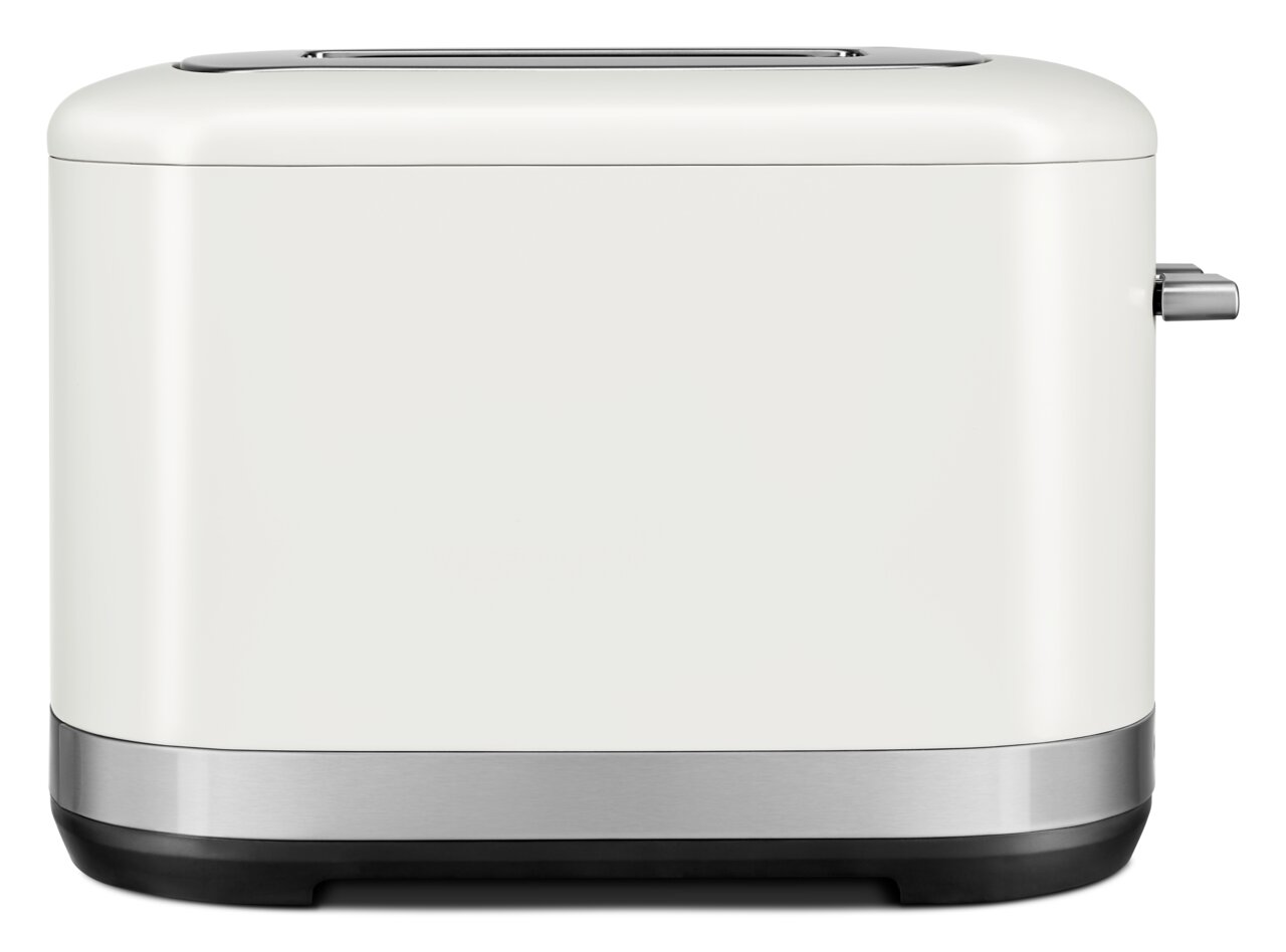 Seitenansicht eines weißen, zweischlitzigen Toasters mit modernem Design und Edelstahlakzenten.