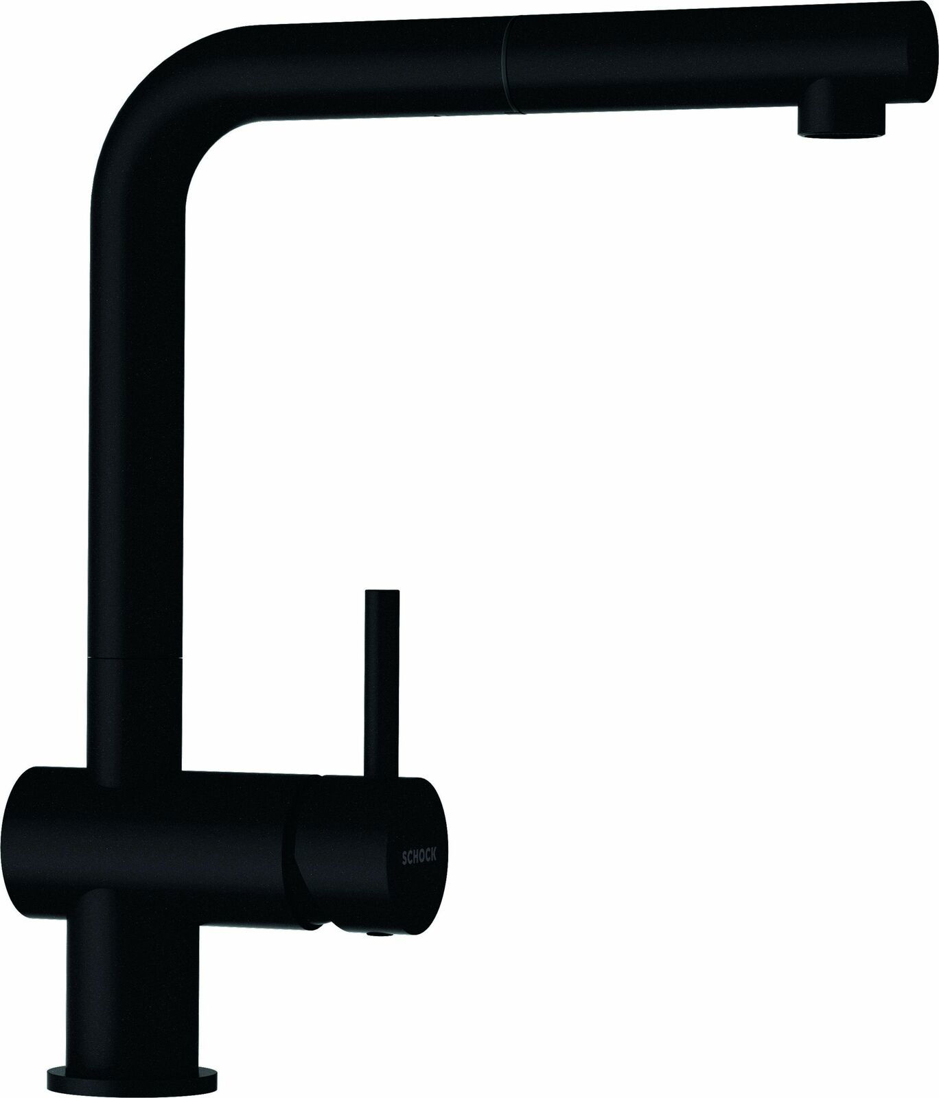 Schwarzer Einhebelmischer in seitlicher Ansicht mit modernem, minimalistischem Design.