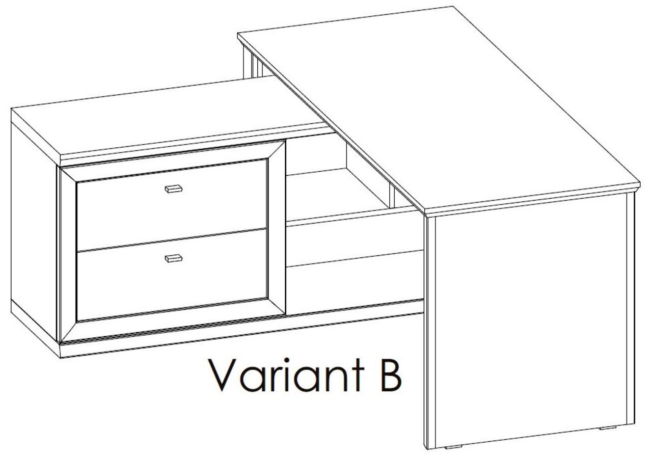 Hoekbureau, variant B, met twee lades en een open legplank, perspectivisch aanzicht van linksvoor