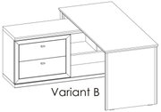 Hoekbureau, variant B, met twee lades en een open legplank, perspectivisch aanzicht van linksvoor
