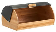 Brotkasten aus Holz mit schwarzem, aufklappbarem Deckel, seitliche Perspektive