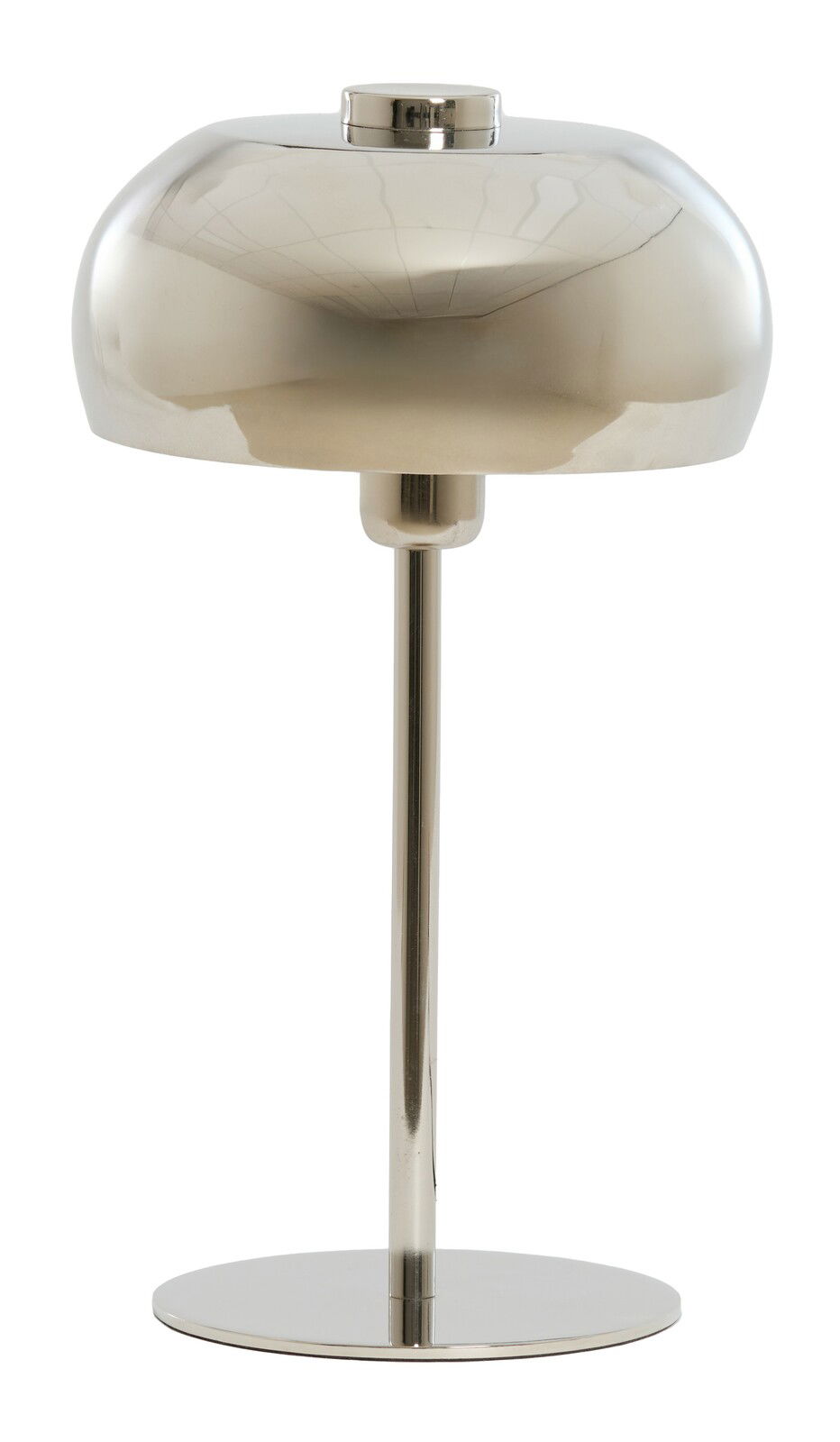 Moderne Tischleuchte aus Metall in glänzendem Silber, frontal abgebildet.
