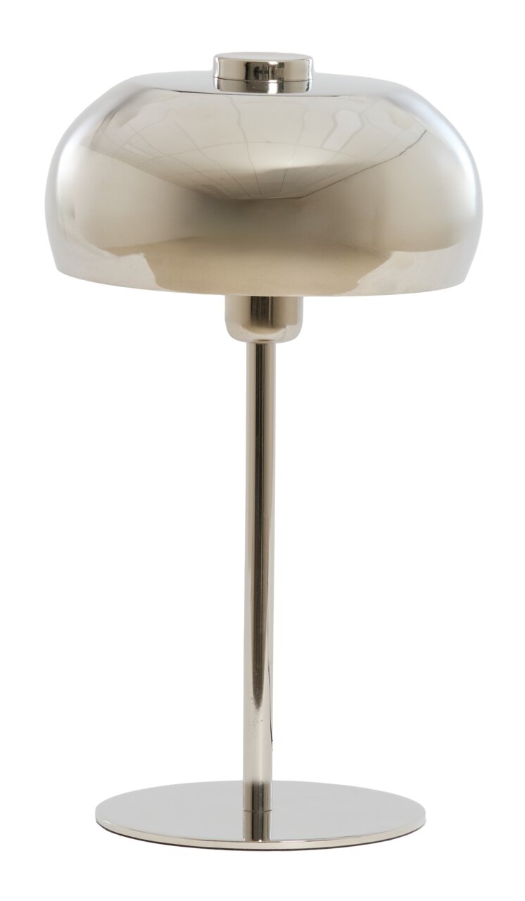 Moderne Tischleuchte aus Metall in glänzendem Silber, frontal abgebildet.