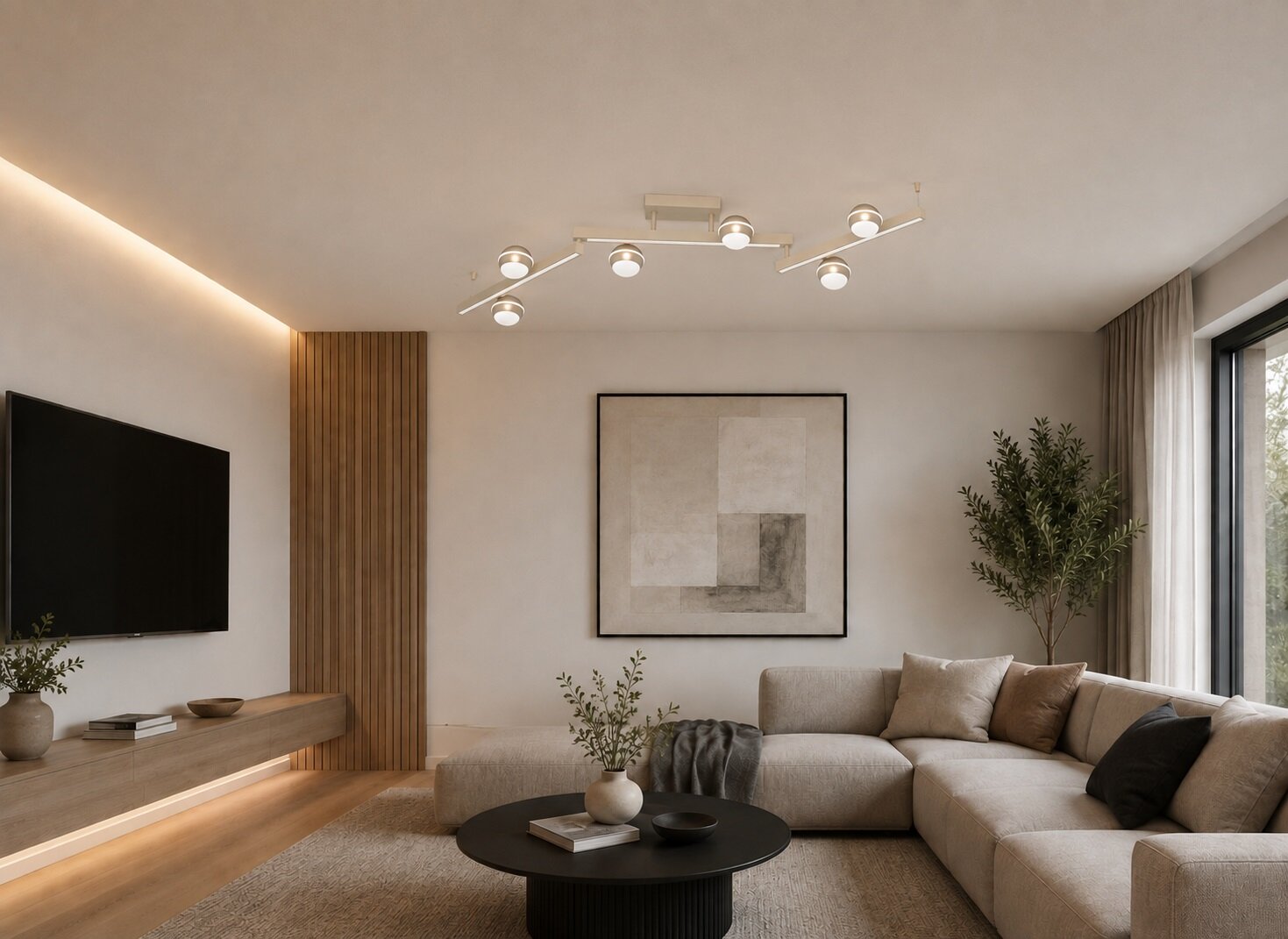 Moderne witte LED-plafondlamp met drie geometrisch geplaatste lichtarmen en zes ronde spots, van onderaf in een stijlvol interieur bekeken