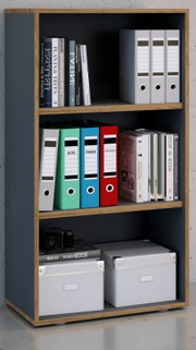 Modernes Bücherregal in Holzoptik mit dunkelgrauen Seiten, gefüllt mit Büchern, Ordnern und zwei Aufbewahrungsboxen; Frontansicht in leichter Schrägperspektive von links.