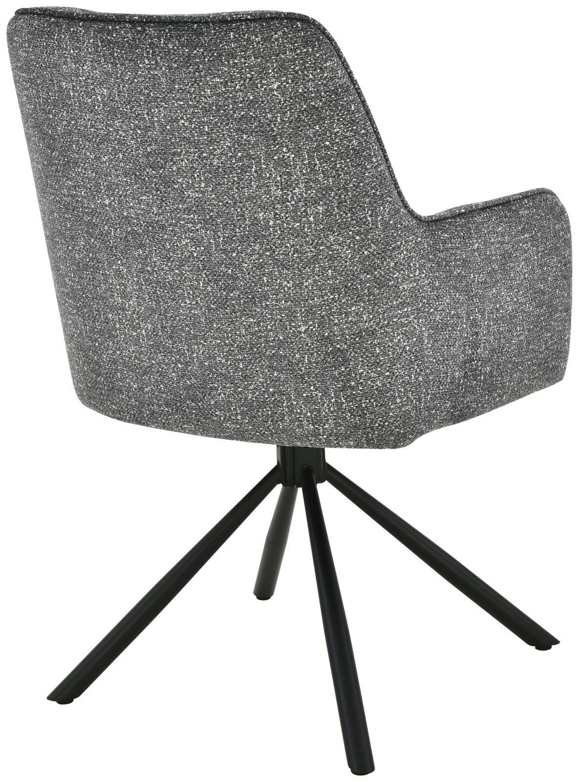 Rückansicht eines grauen Armlehnstuhls mit schwarzem Metallgestell