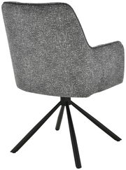 Rückansicht eines grauen Armlehnstuhls mit schwarzem Metallgestell