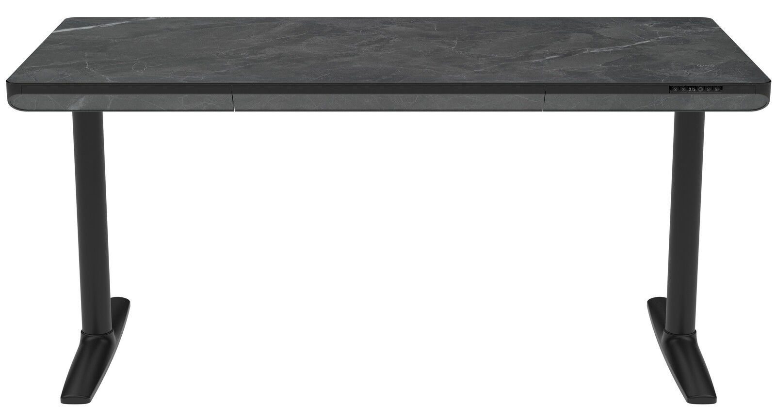 Moderner E-Schreibtisch mit dunkler Marmoroptik, frontal betrachtet.