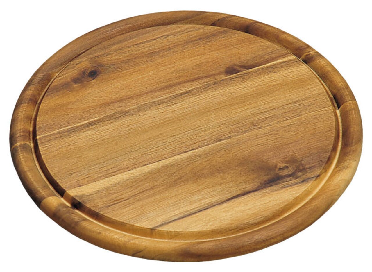 Runder Vesperteller aus Holz mit Saftrille, Draufsicht