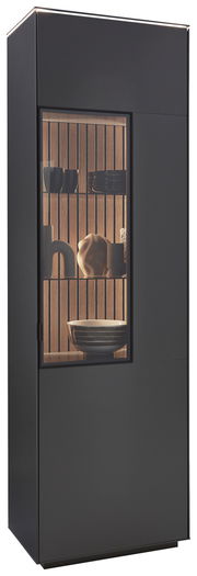 Moderne schwarze Vitrine mit Glastür, seitliche Perspektive, beleuchtete Holzrückwand und dekorative Objekte im Inneren.
