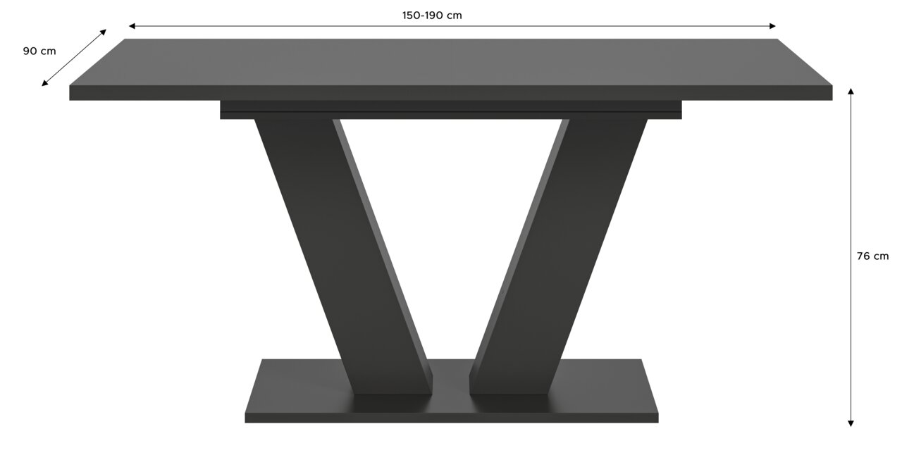 Moderner Esstisch mit V-förmigem Gestell, Ansicht von vorne, Maße: 150-190 cm Länge, 90 cm Breite, 76 cm Höhe